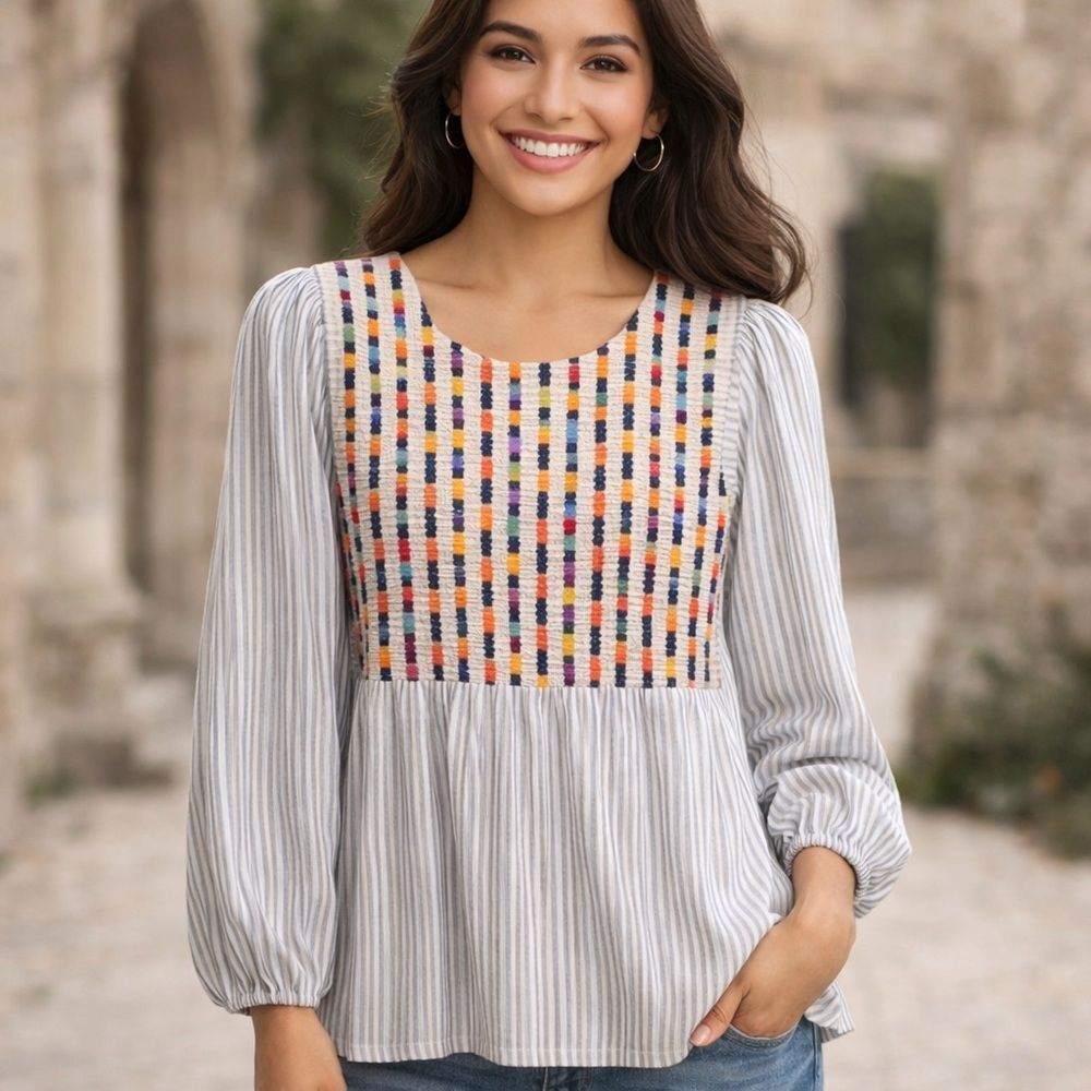 Savanna Jane Women’s Becca Baby Doll Long Sleeve Linen Blouse Sz S Style#18092